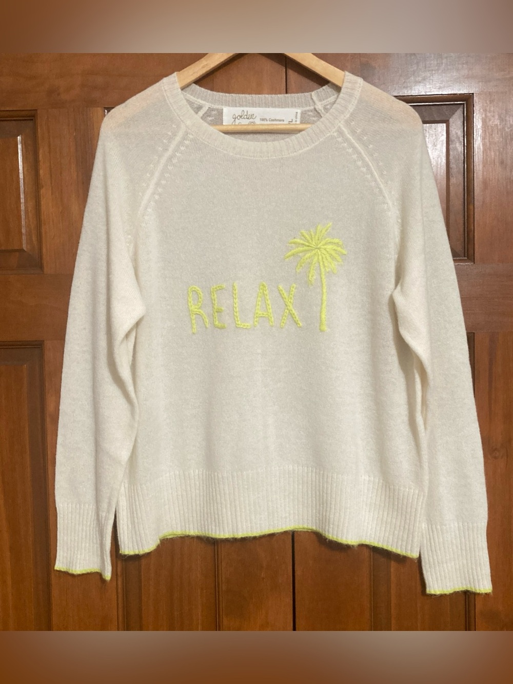 NEW Golden Sun Cream 100% Cashmere  'RELAX' Sweater Neon Yellow Embroidery large